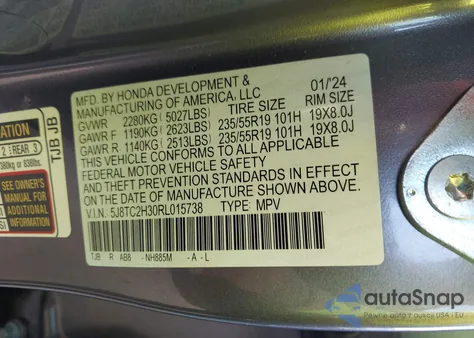2024 Acura Rdx Standard from USA, damaged, VIN 5J8TC2H30RL015738